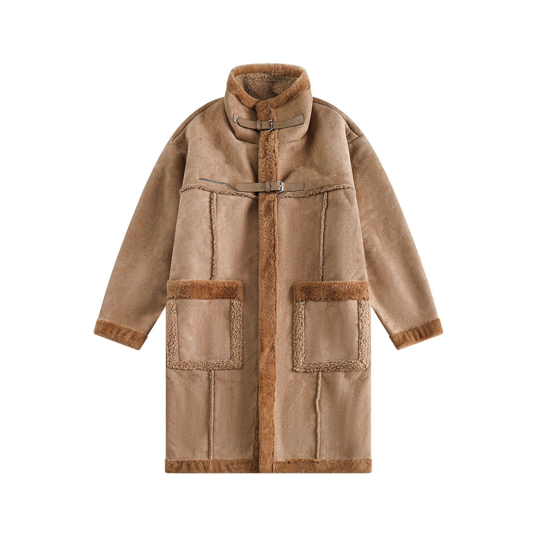 Damen Langer Oversize Lammfell‑Imitat Mantel mit Stehkragen und Schnallenverschluss Nord Taschen