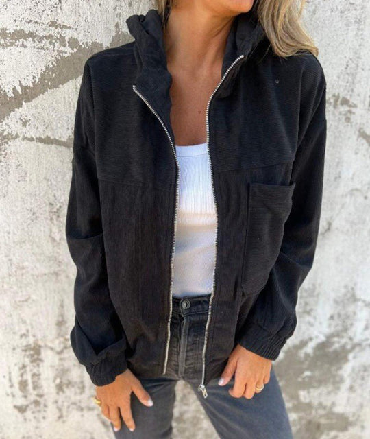 Damen Cord-Zipjacke mit Kapuze, Rippstruktur und Eingrifftaschen Nord Taschen