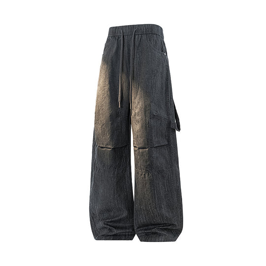 Damen Weite Leinenoptik Cargo-Bundhose mit Tunnelzug, Knieabnähern und asymmetrischer Seitentasche Nord Taschen