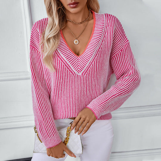 Damen Strickpullover mit V-Ausschnitt und gestreiftem Design Nord Taschen