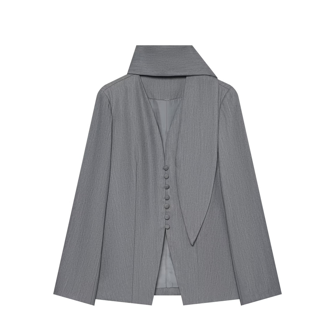 Damen Eleganter Longline-Blazer mit hohem Funnelkragen und überziehbaren Stoffknöpfen Nord Taschen
