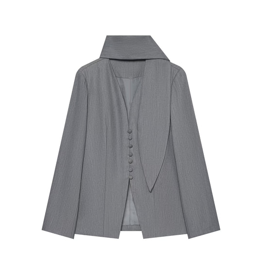 Damen Eleganter Longline-Blazer mit hohem Funnelkragen und überziehbaren Stoffknöpfen Nord Taschen