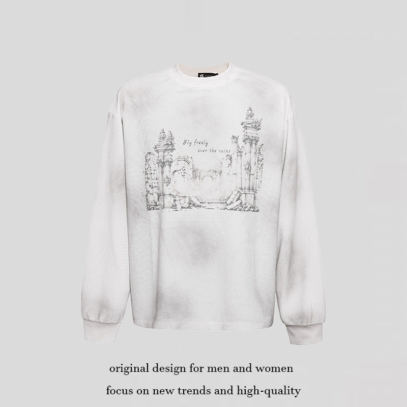 Damen Oversize-Sweatshirt mit Waffelstruktur, Rundhalsausschnitt und Ruinen-Skizzenprint Nord Taschen