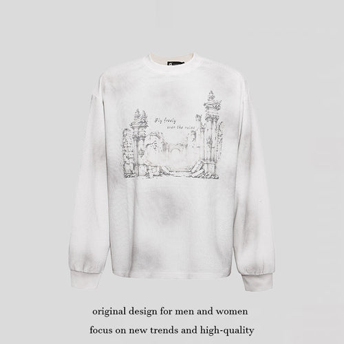 Damen Oversize-Sweatshirt mit Waffelstruktur, Rundhalsausschnitt und Ruinen-Skizzenprint Nord Taschen