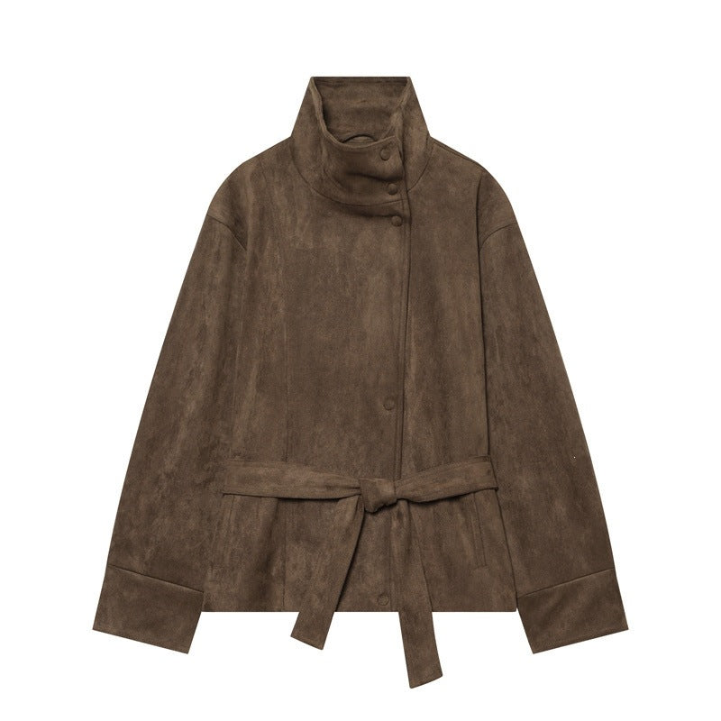 Damen Kurzjacke im Boxy-Cut aus Velourslederoptik mit hohem Stehkragen und Bindegürtel Nord Taschen