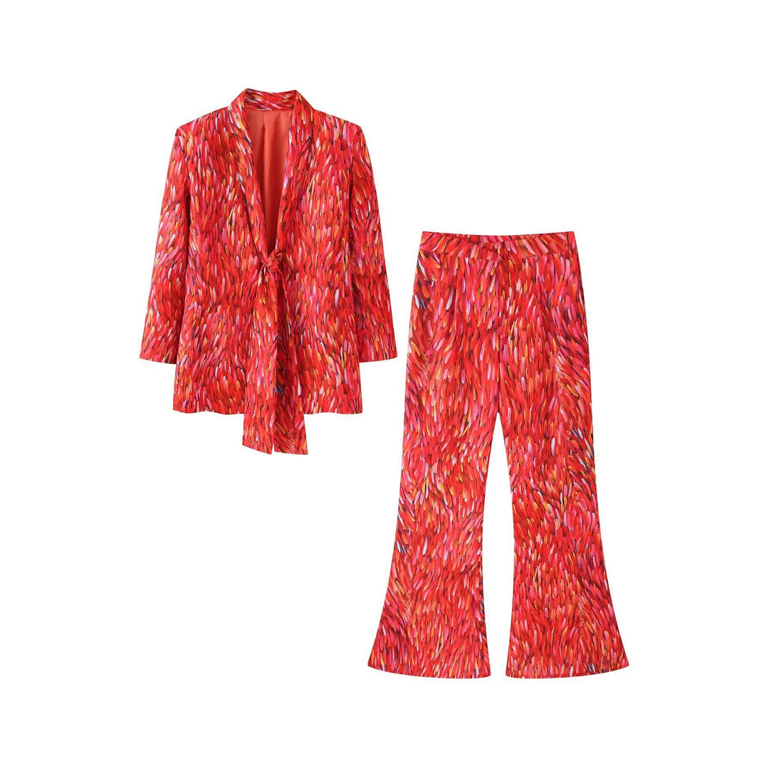 Damen Zweiteiliges Set Schalkragen-Blazer mit Knotenfront und ausgestellter High-Waist-Hose Nord Taschen