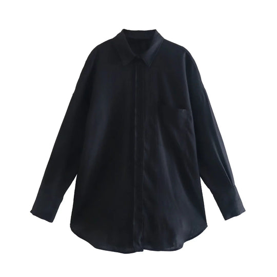 Damen Oversize-Hemdbluse aus Leinenmix mit überschnittener Schulter und Brusttasche Nord Taschen