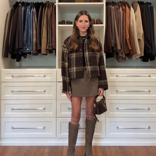 Damen Kurze karierte Bouclé‑Jacke mit kastiger Silhouette und Knopfleiste Nord Taschen