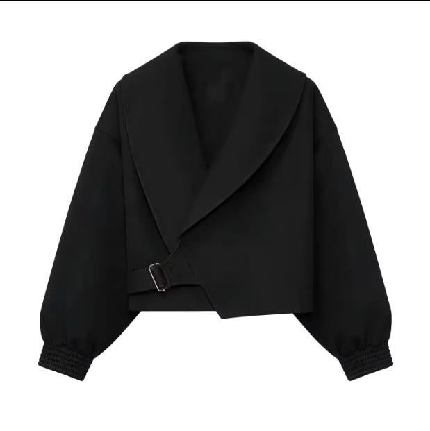 Damen 40+ Cropped Wickelblouson mit übergroßen Ballonärmeln und asymmetrischem Schnallenverschluss Nord Taschen