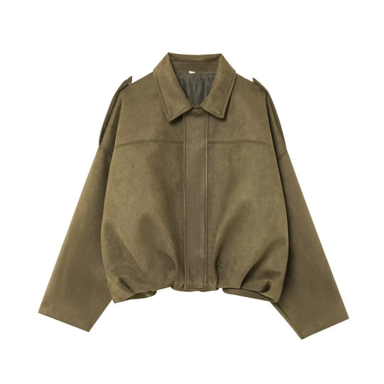 Damen Gekürzte Wildlederoptik-Blousonjacke mit Taillen-Smock und Schulterpatten Nord Taschen