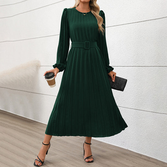 Damen Plissiertes Midikleid mit Taillengürtel, langen Puffärmeln und seitlichem Schlitz Nord Taschen