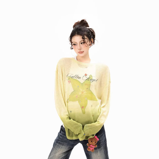 Damen Langarmshirt aus weichem Feinstrick mit Dip-Dye‑Gradient und Sternblüten‑Print Nord Taschen