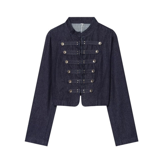 Damen kurze Denim‑Militärjacke mit Stehkragen und dekorativer Zierknopfleiste Nord Taschen