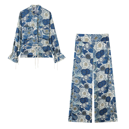 Damen Hochtaillierte weite Palazzohose mit floralem Jacquard-Print und Zierpaspeln Nord Taschen