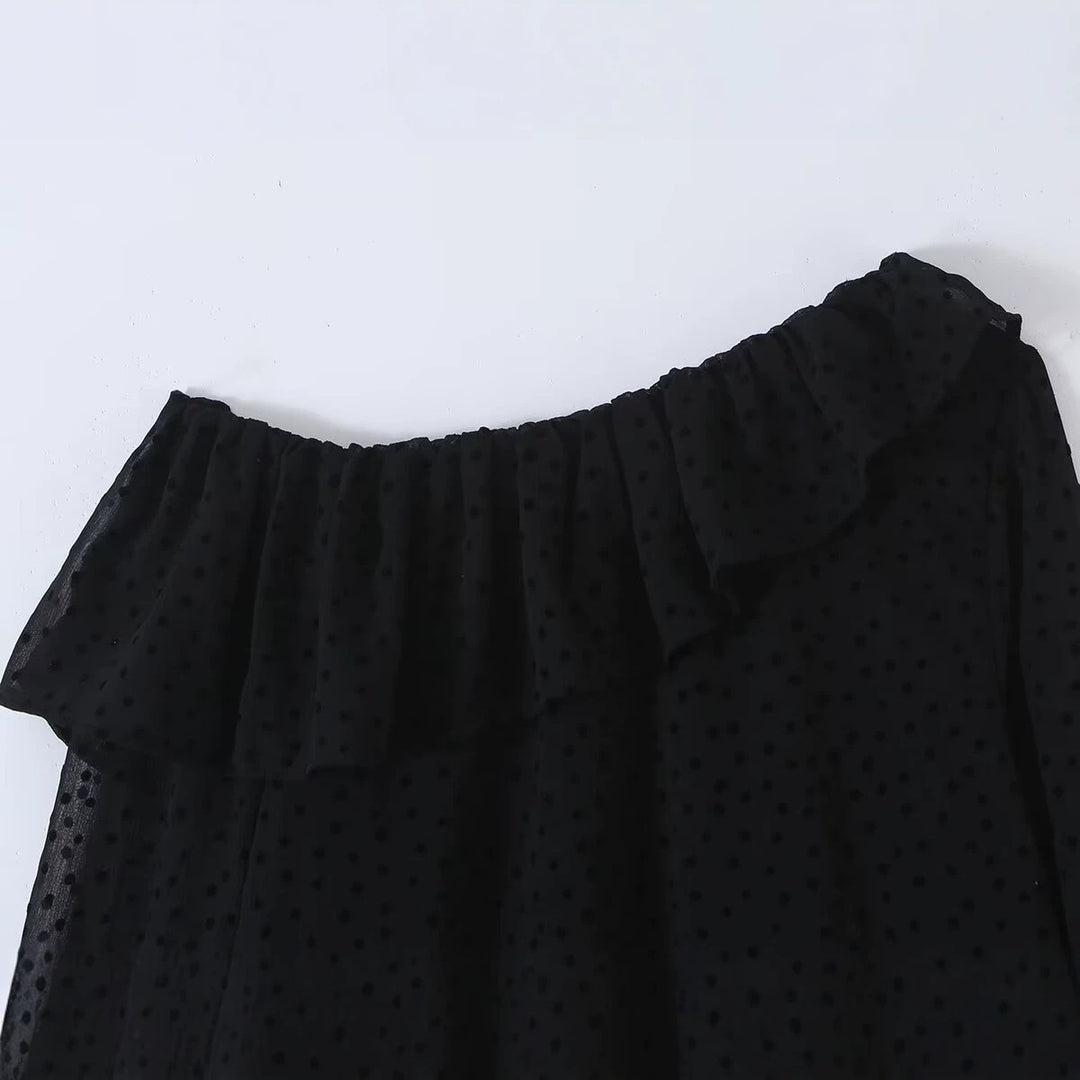 Damen Schulterfreie Chiffonbluse mit Volantkragen und transparenten Puffärmeln Nord Taschen