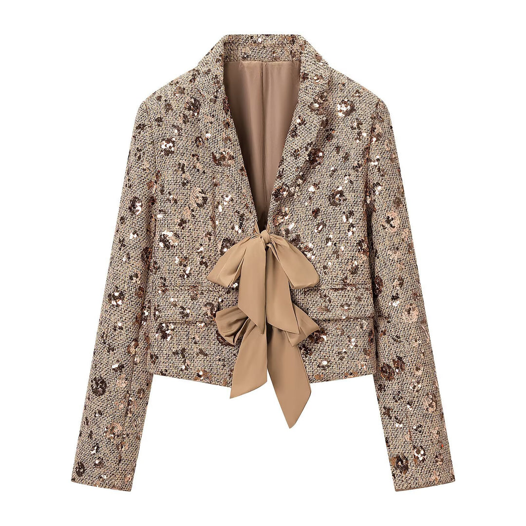 Damen Kurzblazer aus Tweed mit Paillettenbesatz und Schleifenverschluss Nord Taschen