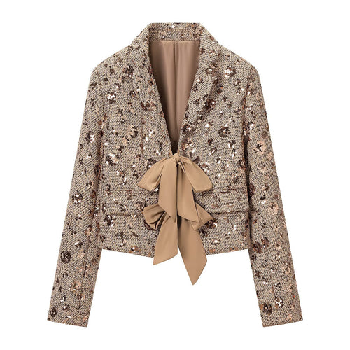 Damen Kurzblazer aus Tweed mit Paillettenbesatz und Schleifenverschluss Nord Taschen