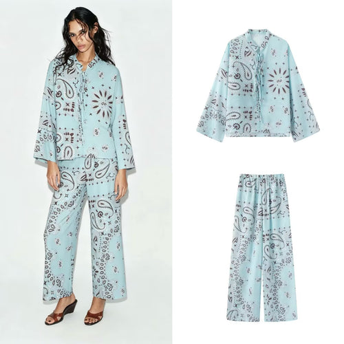 Damen Weite Palazzo‑Hose mit Paisley‑Print, hohem Bund und elastischem Gummizug Nord Taschen