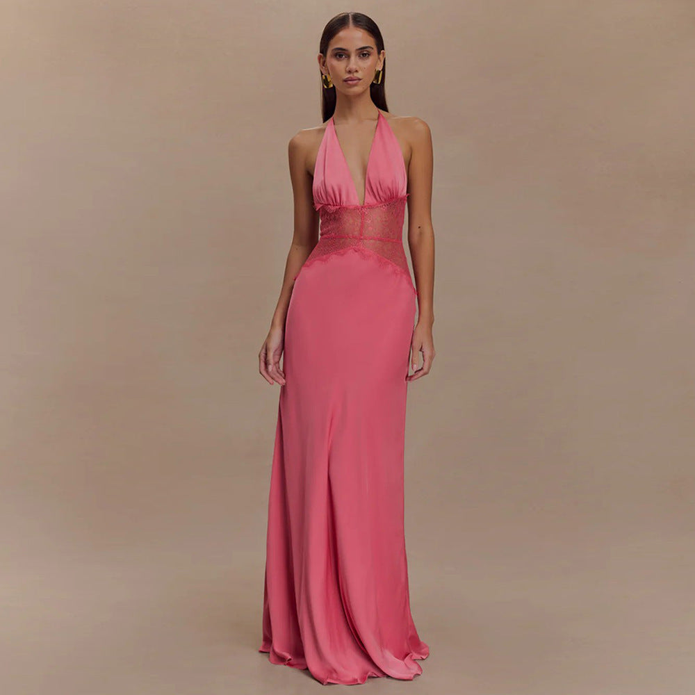 Damen Elegantes Maxikleid mit tiefem V-Ausschnitt und zarter Spitzenverzierung