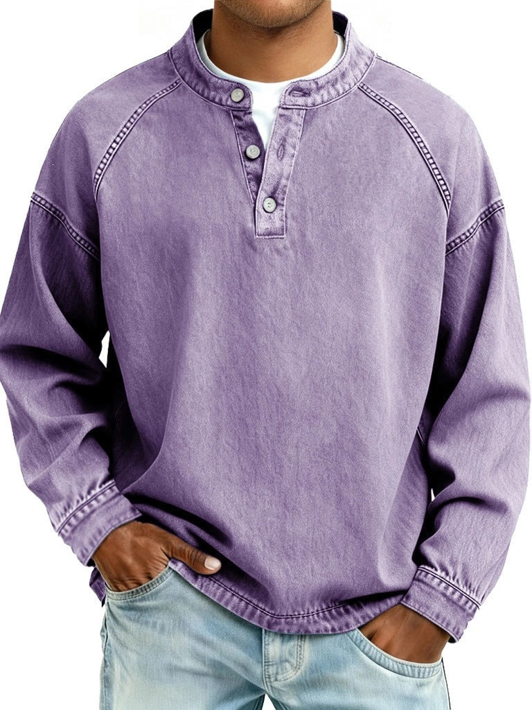Herren Langarm-Henley Sweatshirt mit Stehkragen und Vintage-Denim-Effekt Nord Taschen