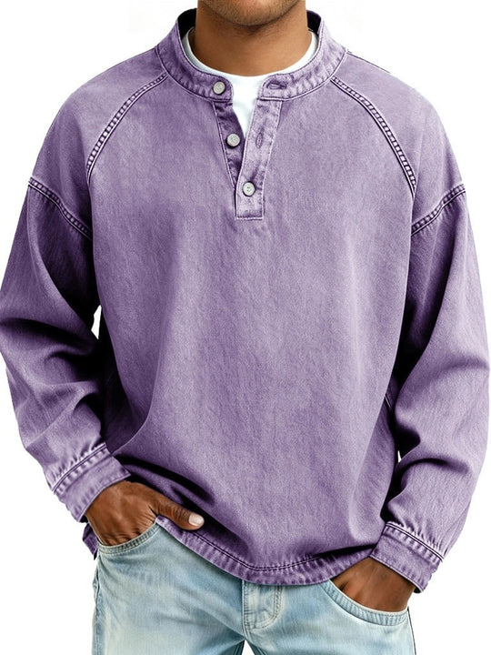 Herren Langarm-Henley Sweatshirt mit Stehkragen und Vintage-Denim-Effekt Nord Taschen