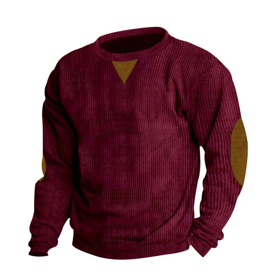 Herren nan grobgerippter Rundhals-Strickpullover mit Ellbogenpatches und Dreiecksdetail