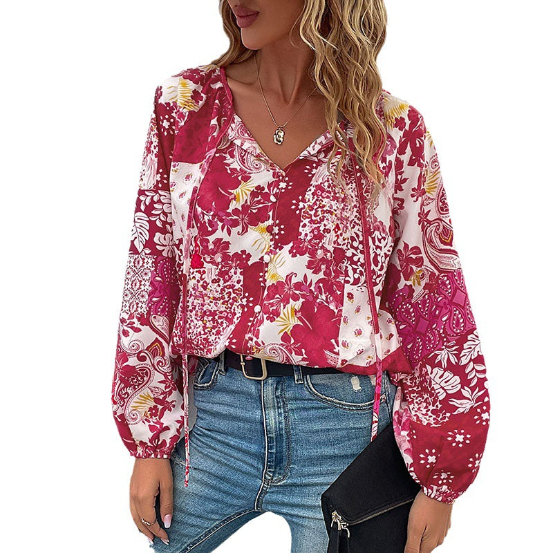 Damen Leichte Boho-Bluse mit Patchwork‑Print, Bindeschlitz und Ballonärmeln Nord Taschen