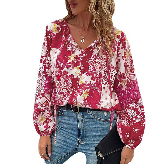 Damen Leichte Boho-Bluse mit Patchwork‑Print, Bindeschlitz und Ballonärmeln Nord Taschen