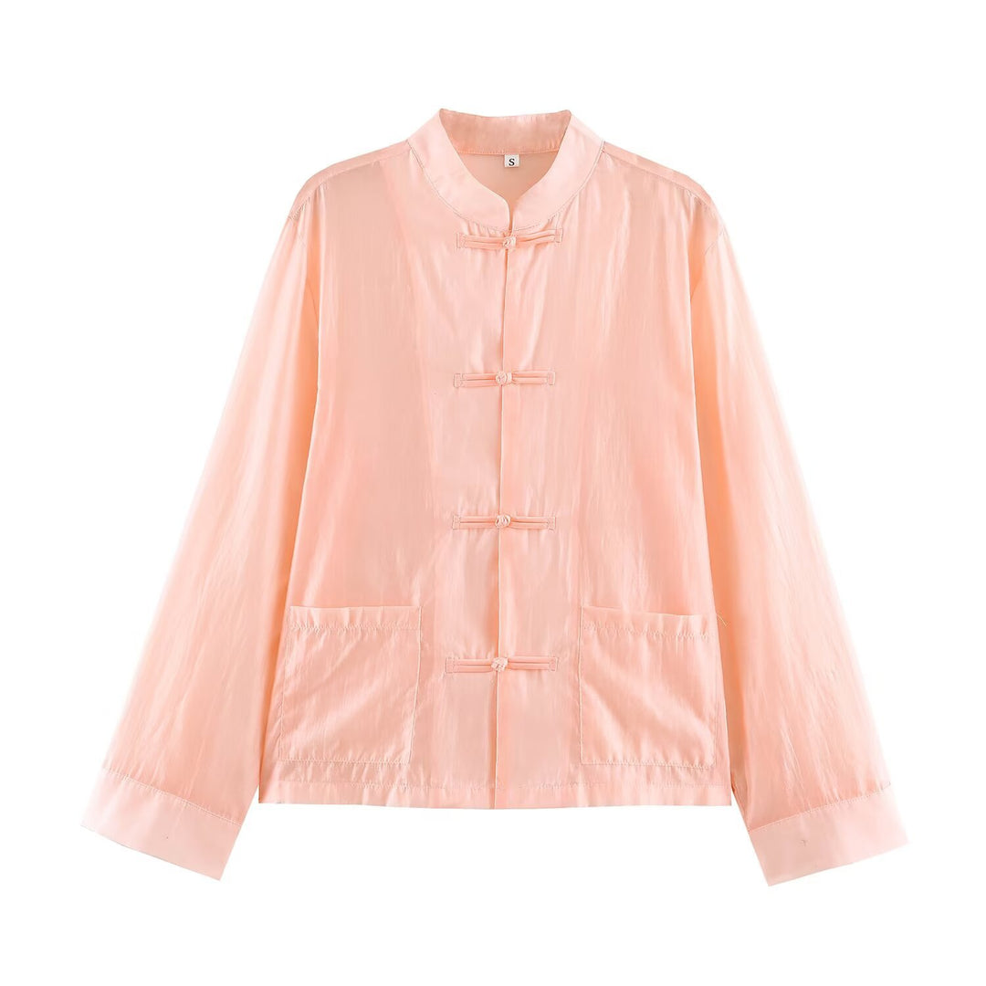 Damen Leichte chinesisch-inspirierte Oversize-Jacke mit Mandarinkragen und Knotenverschlüssen Nord Taschen