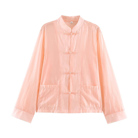 Damen Leichte chinesisch-inspirierte Oversize-Jacke mit Mandarinkragen und Knotenverschlüssen Nord Taschen