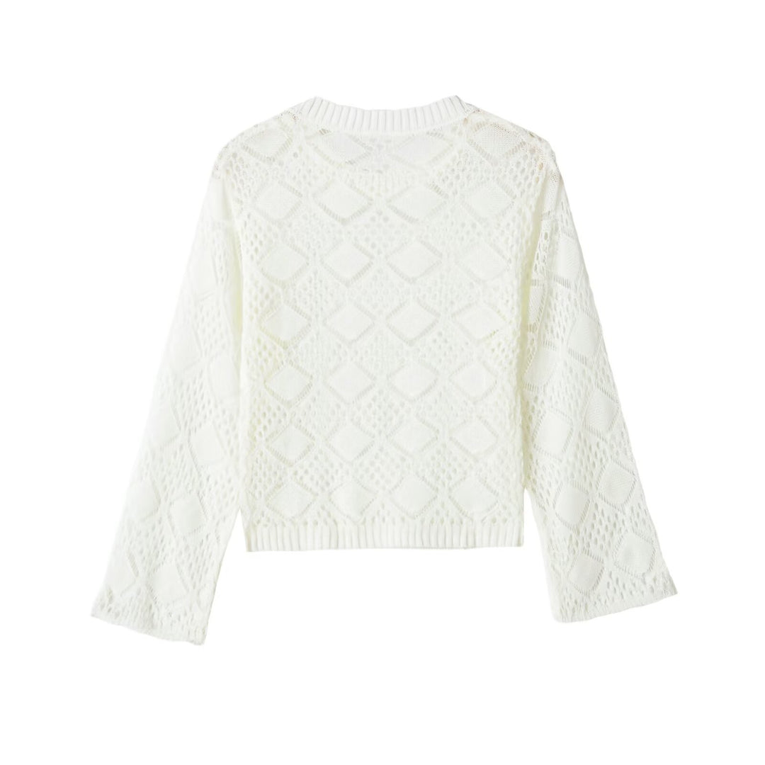 Damen Lochstrick-Pullover mit Rautenmuster und Rundhalsausschnitt Nord Taschen