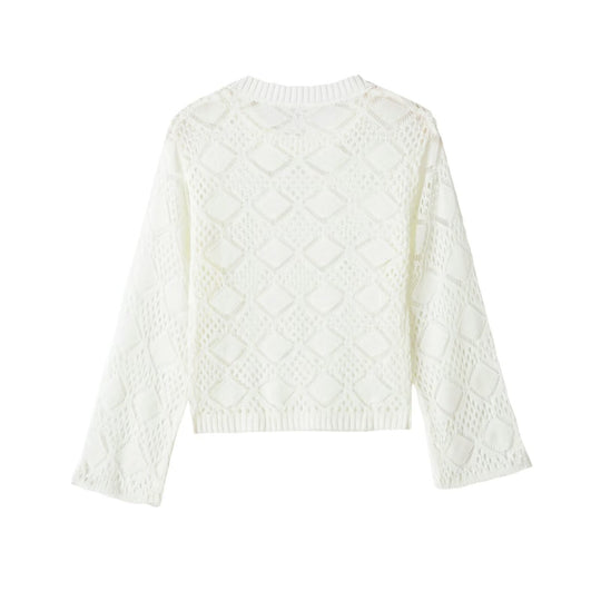 Damen Lochstrick-Pullover mit Rautenmuster und Rundhalsausschnitt Nord Taschen