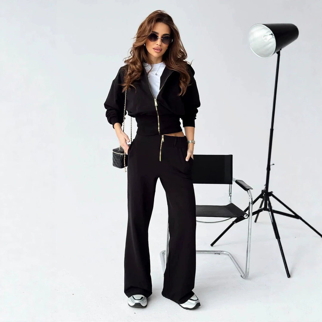 Damen tailliertes Zip-Hoodie und ausgestelltes High-Waist-Hose Lounge-Set Nord Taschen