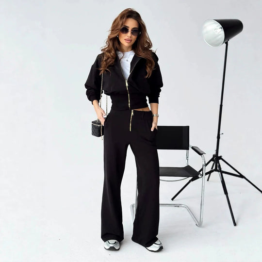 Damen tailliertes Zip-Hoodie und ausgestelltes High-Waist-Hose Lounge-Set Nord Taschen