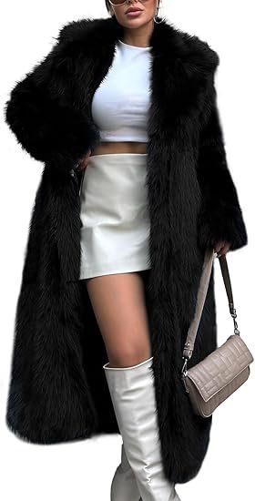 Damen Eleganter Maxi-Kunstpelz-Mantel mit weitem Schalkragen und geradem Schnitt Nord Taschen