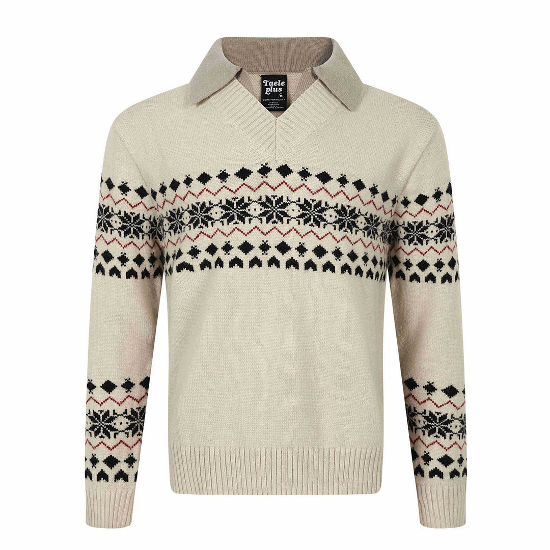 Herren Norweger-Strickpullover mit V‑Ausschnitt und kontrastierendem Hemdkragen Nord Taschen