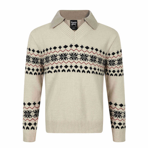 Herren Norweger-Strickpullover mit V‑Ausschnitt und kontrastierendem Hemdkragen Nord Taschen