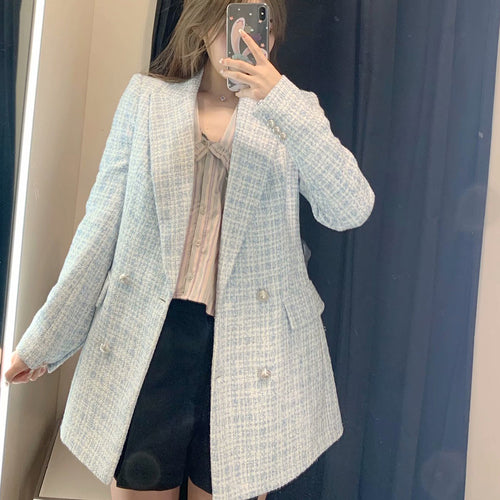 Damen Zweireihiger Bouclé-Blazer mit taillierter Silhouette und Pattentaschen Nord Taschen