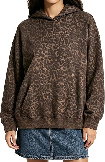 Damen Oversize-Kapuzenpullover mit Leomuster, Kängurutasche und überschnittener Schulter Nord Taschen
