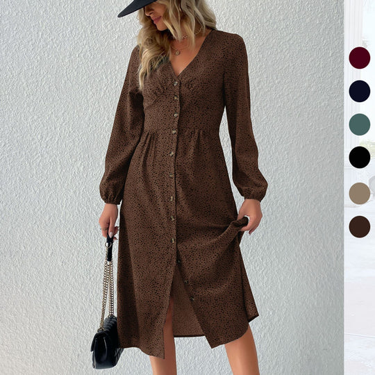 Damen V‑Ausschnitt Midikleid mit Knopfleiste, taillierter Schnitt und Ballonärmeln Nord Taschen