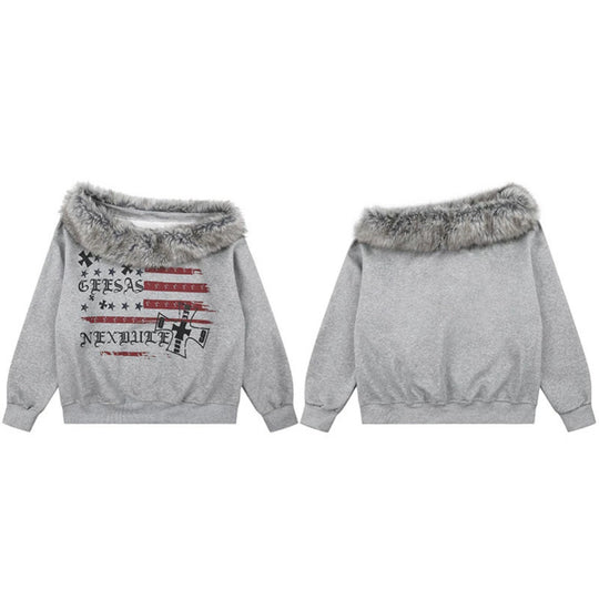 Damen Off-Shoulder Sweatshirt mit Fake-Fur-Kragen, Relaxed-Fit und Vintage-Flaggenprint Nord Taschen
