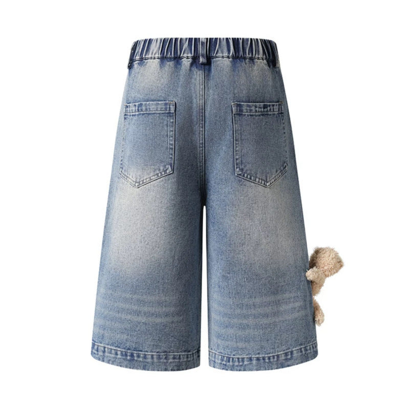 Damen Verspielte Denim-Culotte-Shorts mit hohem Komfortbund, Allover-Doodle-Print & Teddy-Anhänger Nord Taschen
