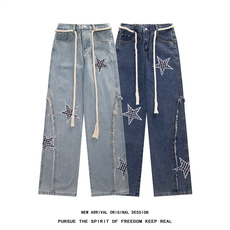 Damen Weite High‑Waist Denimhose mit Stern‑Applikationen, Fransen‑Seitenschlitzen und Kordelbund Nord Taschen