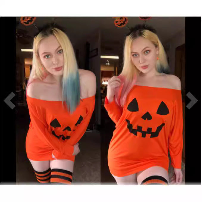 Damen Oversize Off-Shoulder Strickpullover mit Halloween-Kürbismotiv Nord Taschen