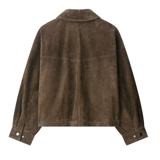 Damen 100+ kurze Veloursleder‑Blousonjacke mit Pattentaschen und Druckknopfverschluss Nord Taschen