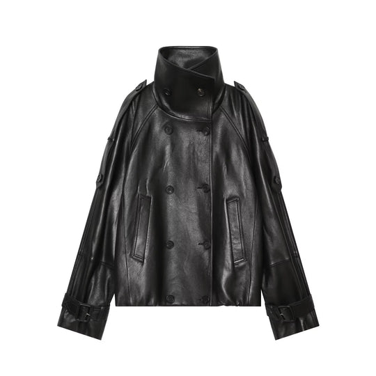 Damen Oversize Lederoptik Mantelcape mit hohem Stehkragen und doppelreihiger Knopfleiste Nord Taschen