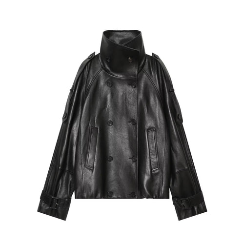 Damen Oversize Lederoptik Mantelcape mit hohem Stehkragen und doppelreihiger Knopfleiste Nord Taschen
