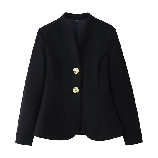 Damen Taillierter Blazer ohne Revers mit goldenen Zierknöpfen Nord Taschen