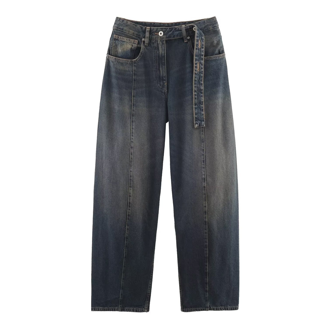 Damen Weite hochtaillierte Culotte-Hose mit Ziernaht, aufgesetzten Taschen und Bindegürtel Nord Taschen