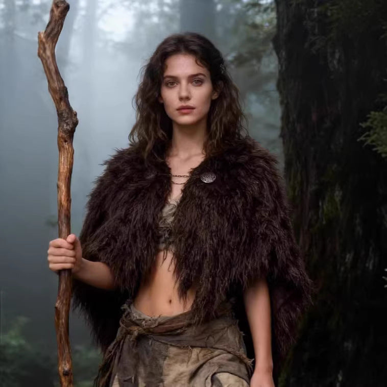 Damen Wikinger‑inspiriertes Faux‑Fur‑Cape mit rustikaler Fransenoptik und Schulterüberwurf Nord Taschen
